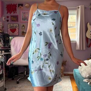 Vintage Y2K blue floral print satin mini slip dress